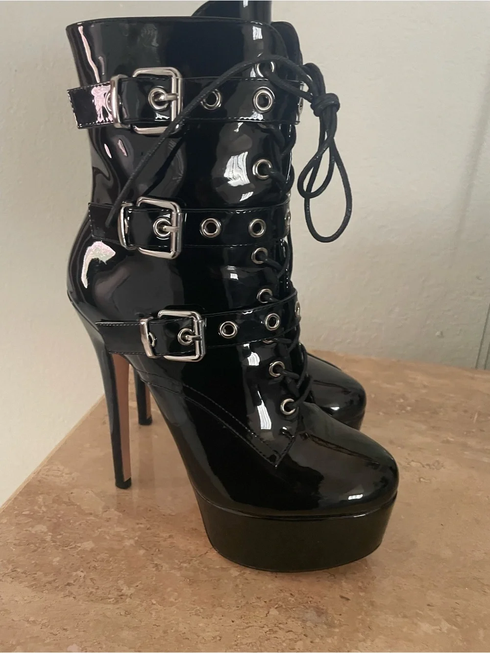 Black Patent High Heel Platform Lace-Up Ankle